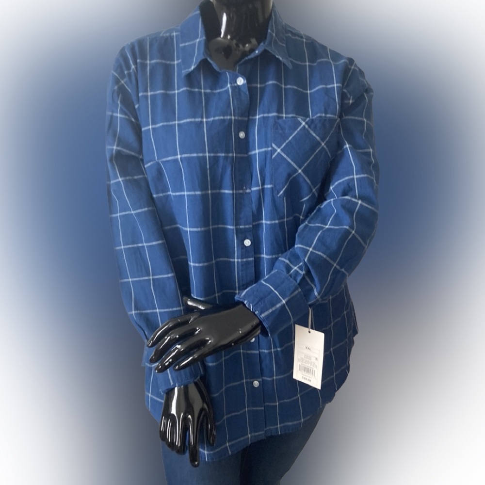 A New Day Womens' Plaid Button Down Long Sleeve Lapel Shirt Top XXL Blue Plaid